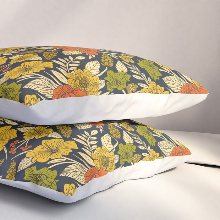 Modern Floral Pattern in Orange, Yellow, Green & Navy Pillow Sham Gallery Image 3