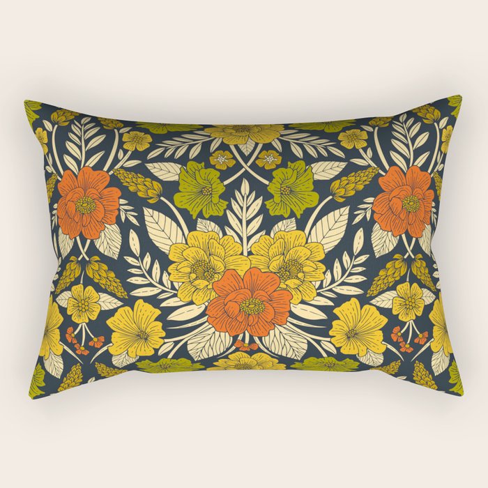 Modern Floral Pattern in Orange, Yellow, Green & Navy Rectangular Pillow Gallery Image 2