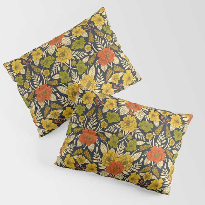 Modern Floral Pattern in Orange, Yellow, Green & Navy Pillow Sham Gallery Image 1