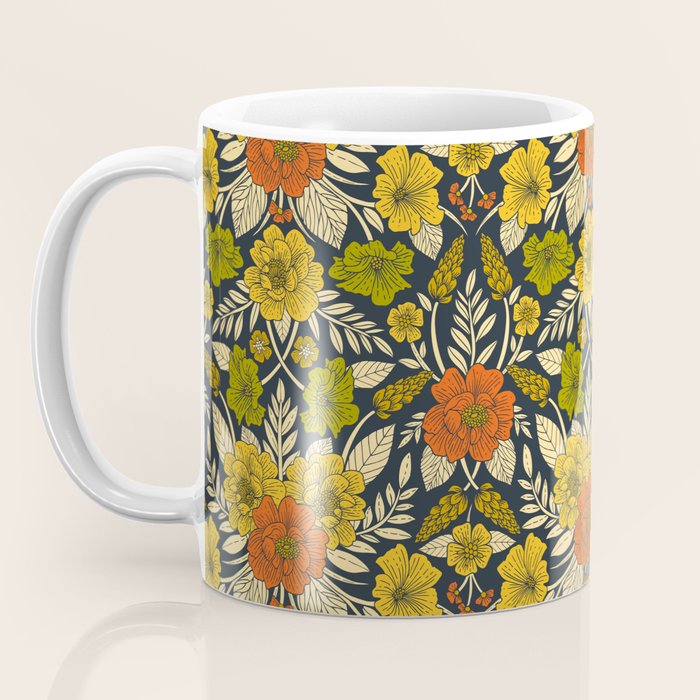 Modern Floral Pattern in Orange, Yellow, Green & Navy Coffee Mug Gallery Image 3