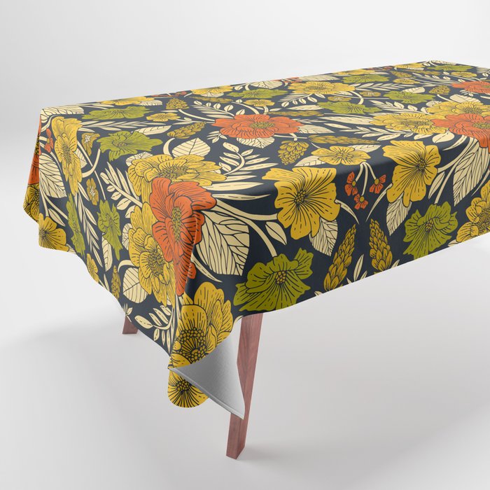 Modern Floral Pattern in Orange, Yellow, Green & Navy Tablecloth Gallery Image 1
