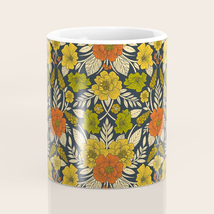 Modern Floral Pattern in Orange, Yellow, Green & Navy Coffee Mug Gallery Image 4