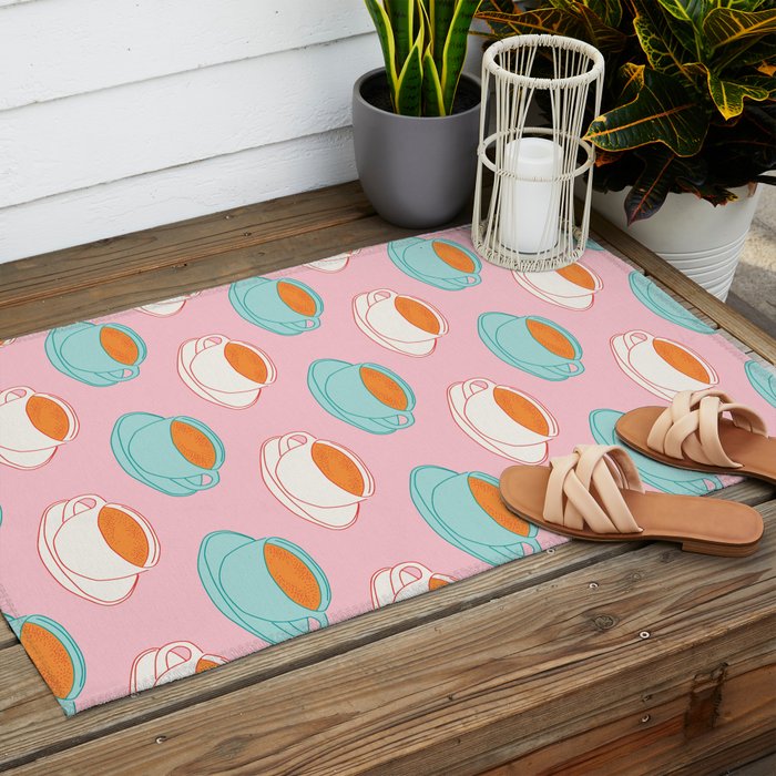 Colorful retro coffee cup art pattern Outdoor Rug Gallery Image 2