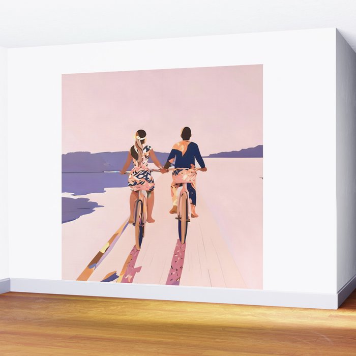 Cycling Joy Series 01: Into The Lilac Sunset, Couple Love Companion Friends, Eclectic Pastel Landscape Romantic, Scenic Outdoors Evening Painting Wall Mural Gallery Image 2