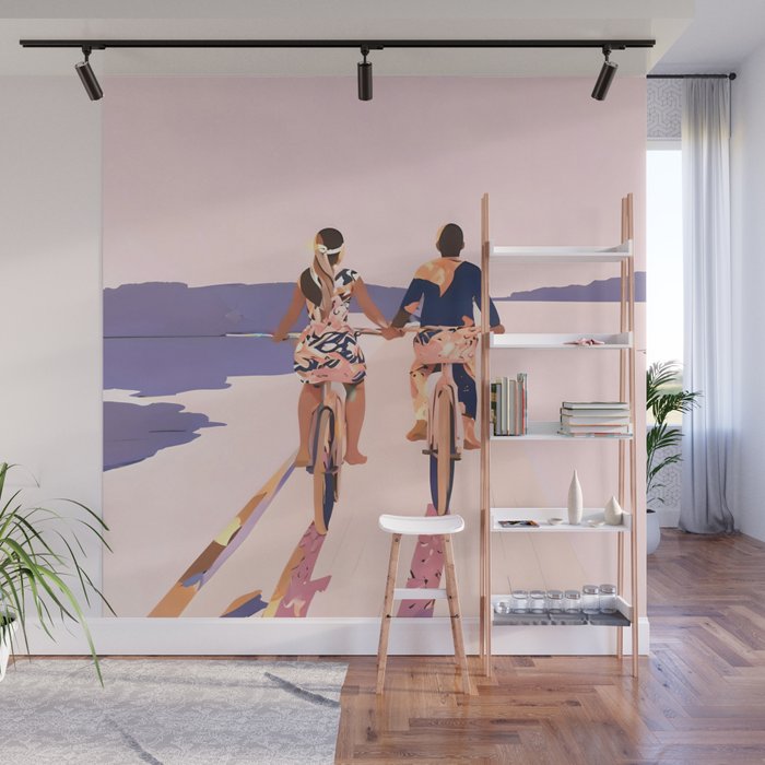 Cycling Joy Series 01: Into The Lilac Sunset, Couple Love Companion Friends, Eclectic Pastel Landscape Romantic, Scenic Outdoors Evening Painting Wall Mural Gallery Image 1