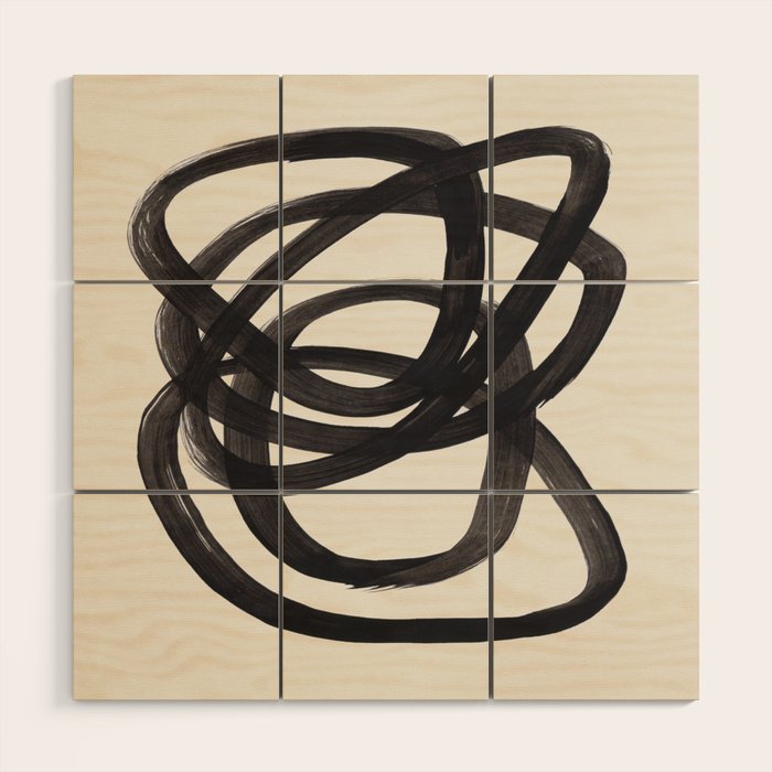 Mid Century Modern Minimalist Abstract Art Brush Strokes Black & White Ink Art Spiral Circles Wood Wall Art Gallery Image 1
