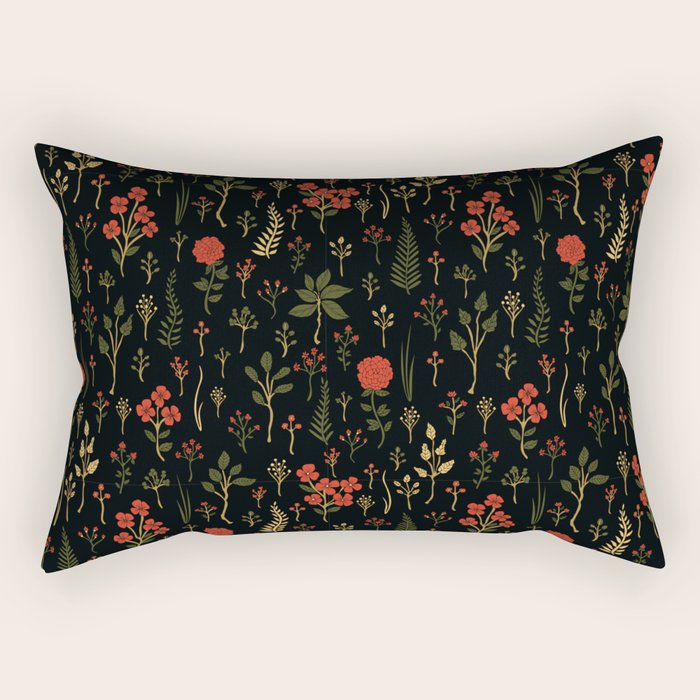 Green, Red-Orange, and Black Floral/Botanical Print Rectangular Pillow Gallery Image 1