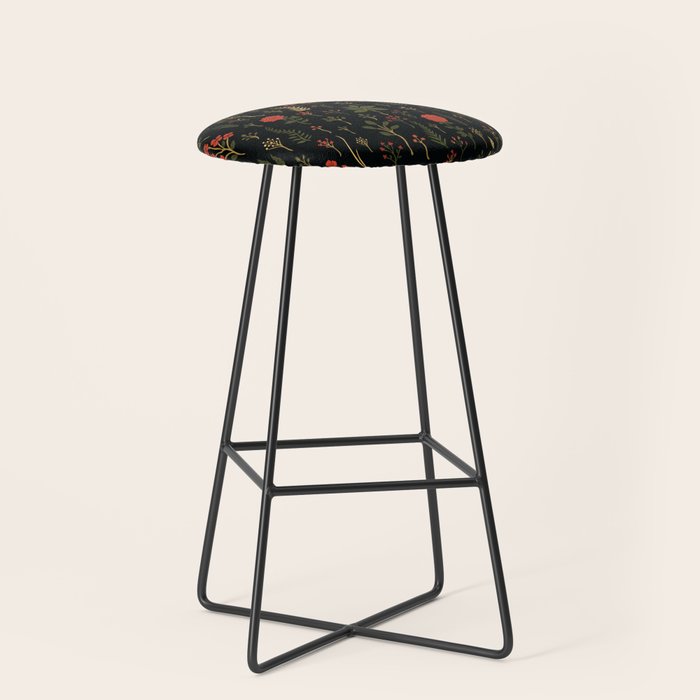 Green, Red-Orange, and Black Floral/Botanical Print Stool Gallery Image 1
