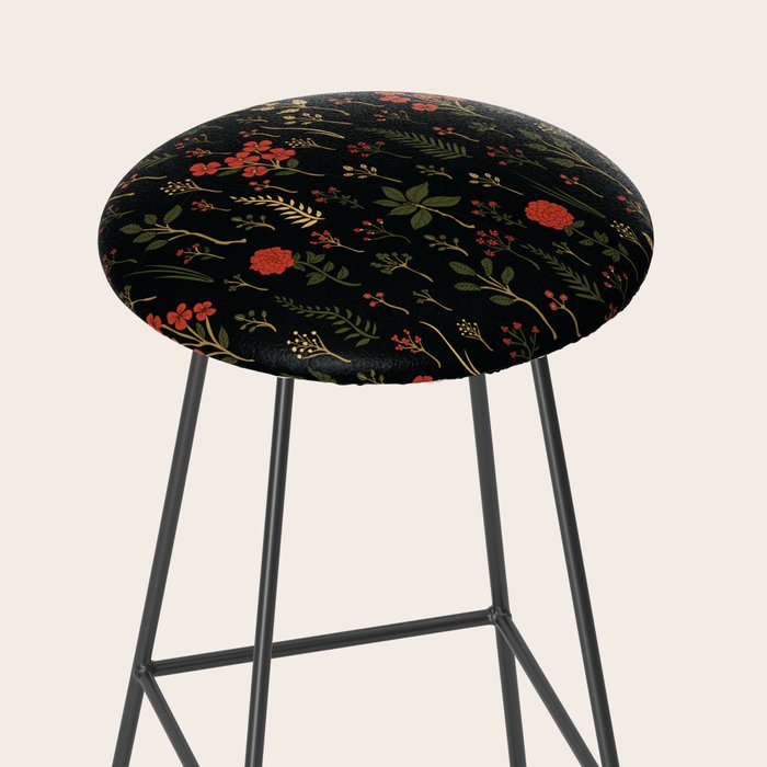 Green, Red-Orange, and Black Floral/Botanical Print Stool Gallery Image 2