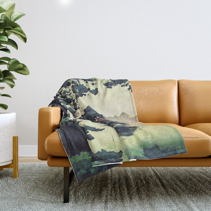 Autumn Rain in Yama - Summer Green Island Forest Ukiyoe Nature Landscape Throw Blanket Gallery Image 1