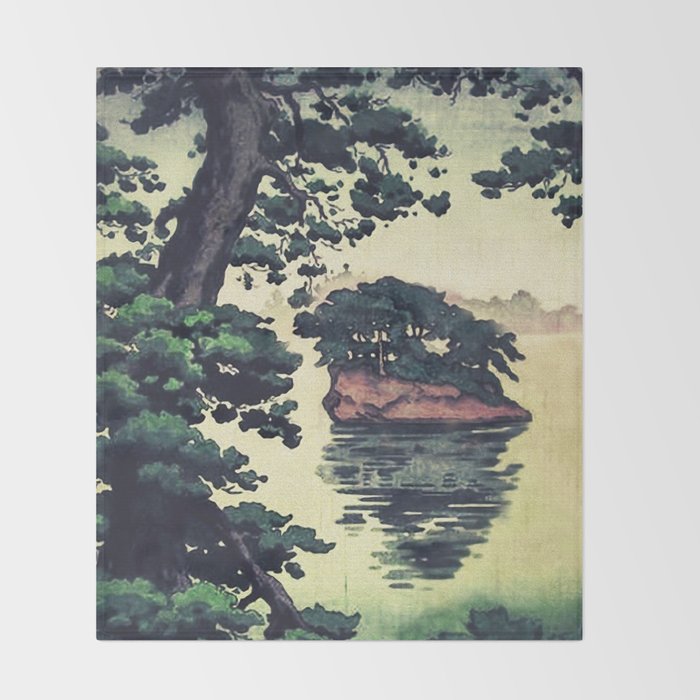Autumn Rain in Yama - Summer Green Island Forest Ukiyoe Nature Landscape Throw Blanket Gallery Image 2