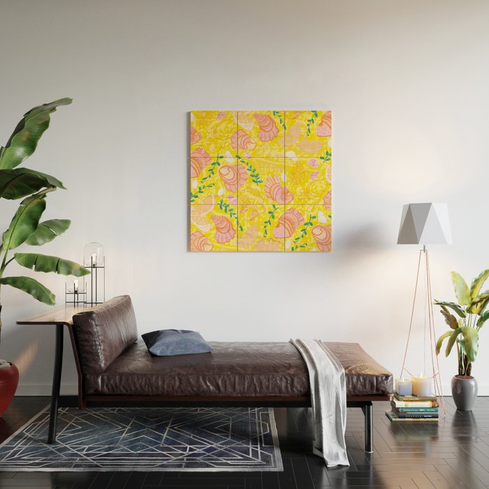 Coastal Oysters on the Beach in Lemon Yellow & Peach Wood Wall Art Gallery Image 2