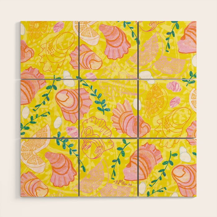 Coastal Oysters on the Beach in Lemon Yellow & Peach Wood Wall Art Gallery Image 1