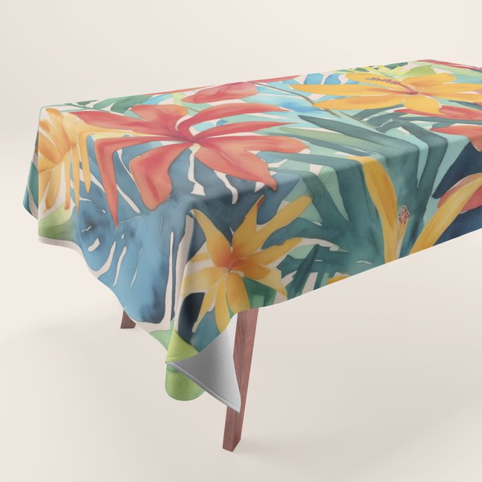 Modern Tropical Escape Vibrant Watercolor Flowers Tablecloth Gallery Image 1