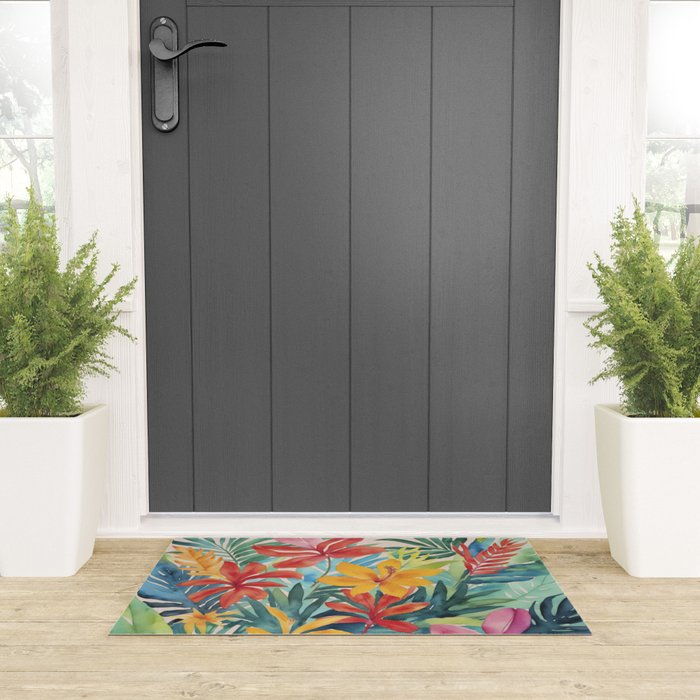 Modern Tropical Escape Vibrant Watercolor Flowers Welcome Mat Gallery Image 3