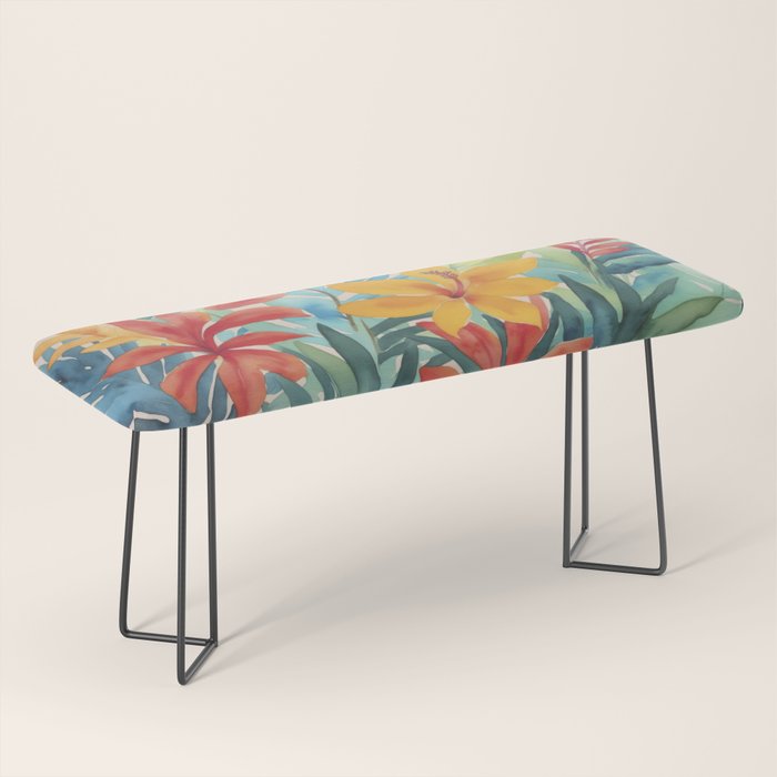 Modern Tropical Escape Vibrant Watercolor Flowers Bench Gallery Image 1
