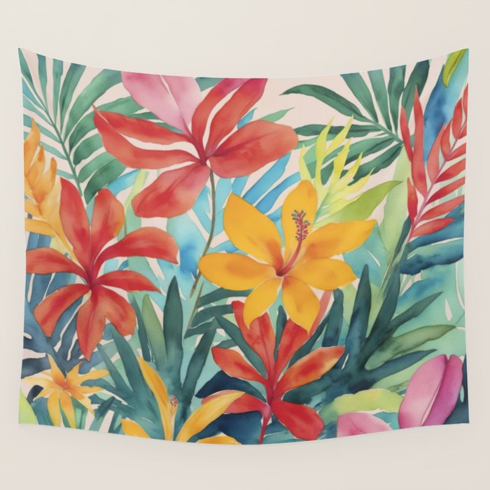 Modern Tropical Escape Vibrant Watercolor Flowers Wall Tapestry Gallery Image 1