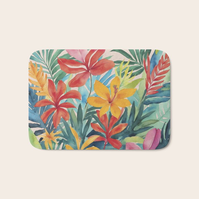 Modern Tropical Escape Vibrant Watercolor Flowers Bath Mat Gallery Image 1