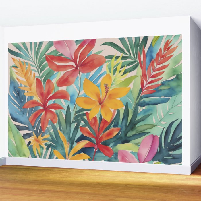 Modern Tropical Escape Vibrant Watercolor Flowers Wall Mural Gallery Image 2