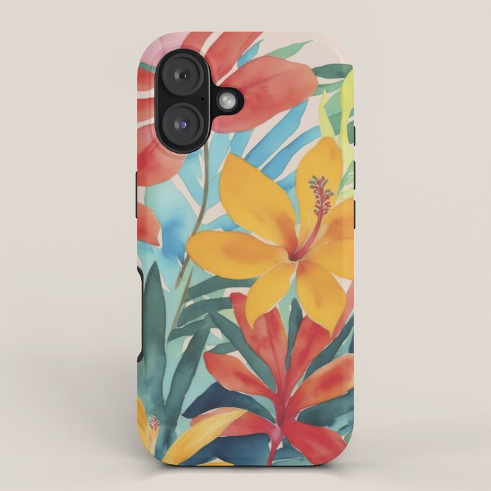 Modern Tropical Escape Vibrant Watercolor Flowers iPhone Case Gallery Image 1
