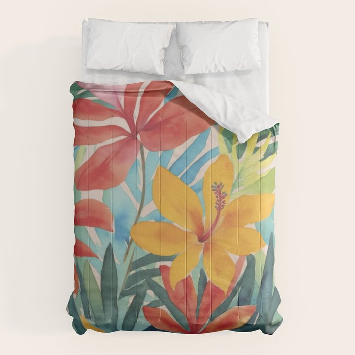 Modern Tropical Escape Vibrant Watercolor Flowers Comforter Gallery Image 1