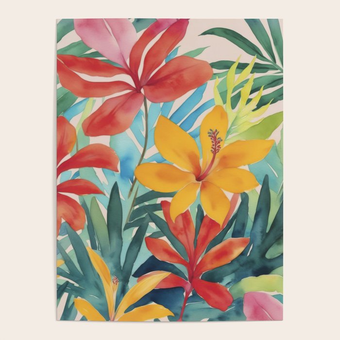 Modern Tropical Escape Vibrant Watercolor Flowers Poster Gallery Image 1