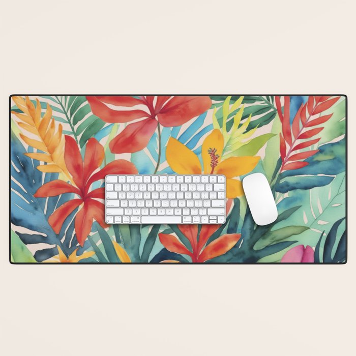 Modern Tropical Escape Vibrant Watercolor Flowers Desk Mat Gallery Image 1