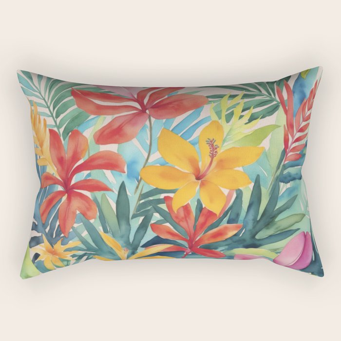 Modern Tropical Escape Vibrant Watercolor Flowers Rectangular Pillow Gallery Image 2
