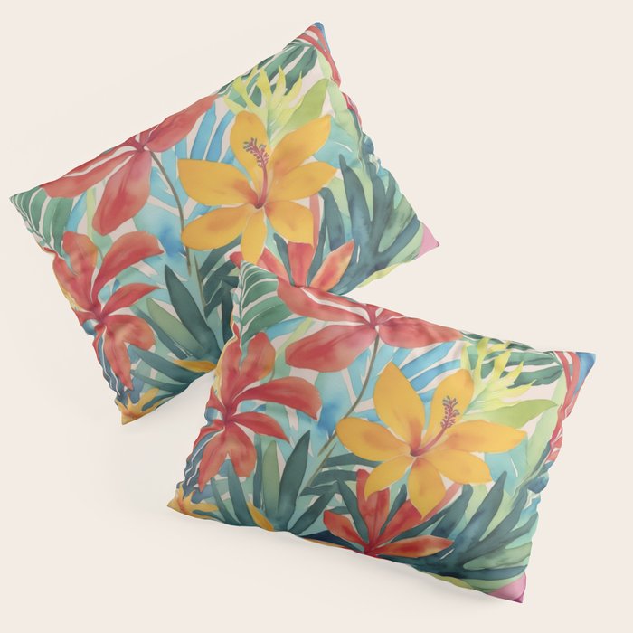 Modern Tropical Escape Vibrant Watercolor Flowers Pillow Sham Gallery Image 3