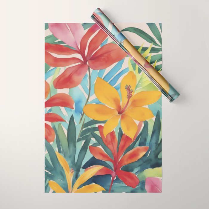 Modern Tropical Escape Vibrant Watercolor Flowers Wrapping Paper Gallery Image 1