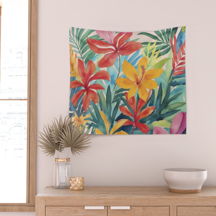 Modern Tropical Escape Vibrant Watercolor Flowers Wall Tapestry Gallery Image 2