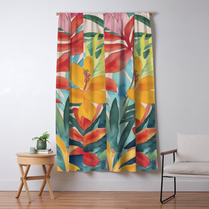 Modern Tropical Escape Vibrant Watercolor Flowers Window Curtain Gallery Image 1