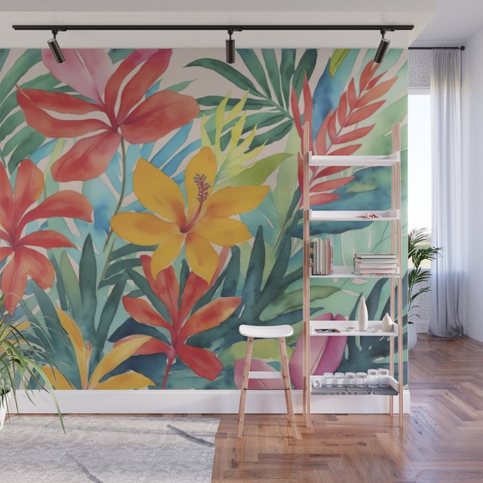 Modern Tropical Escape Vibrant Watercolor Flowers Wall Mural Gallery Image 1