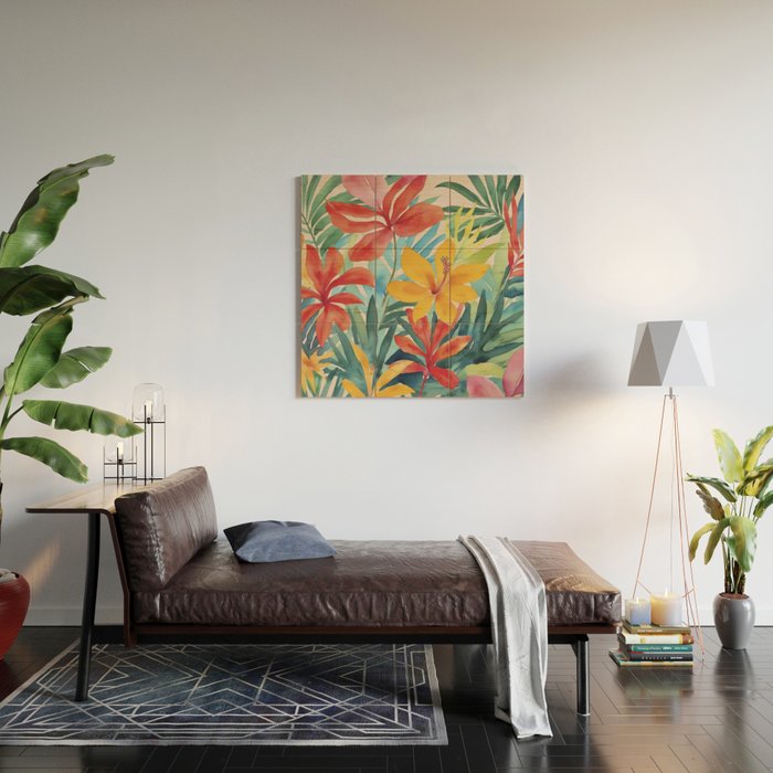 Modern Tropical Escape Vibrant Watercolor Flowers Wood Wall Art Gallery Image 2