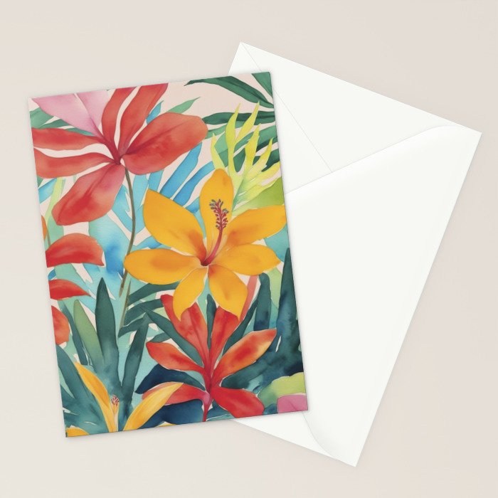 Modern Tropical Escape Vibrant Watercolor Flowers Stationery Card Gallery Image 2