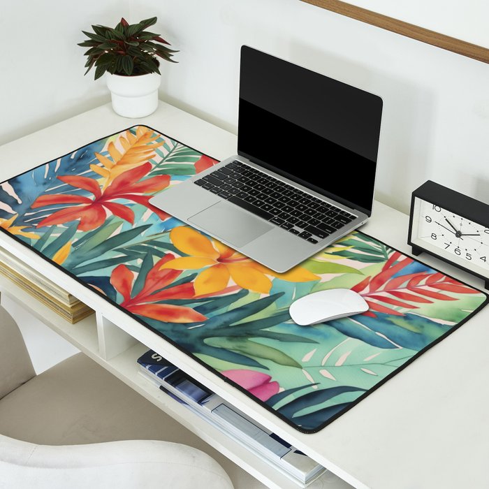 Modern Tropical Escape Vibrant Watercolor Flowers Desk Mat Gallery Image 2