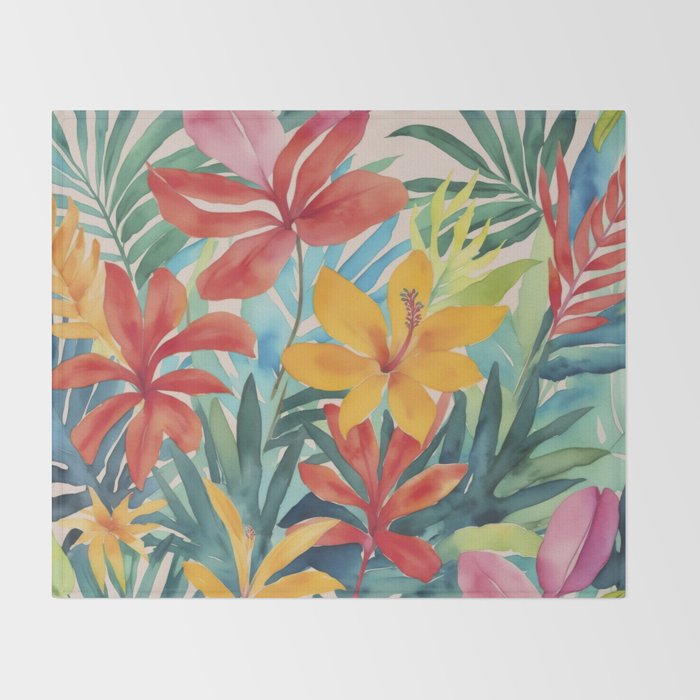 Modern Tropical Escape Vibrant Watercolor Flowers Throw Blanket Gallery Image 2