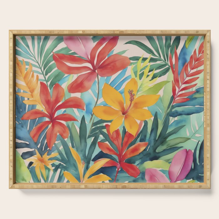 Modern Tropical Escape Vibrant Watercolor Flowers Serving Tray Gallery Image 1