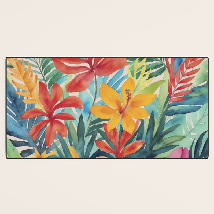 Modern Tropical Escape Vibrant Watercolor Flowers Desk Mat Gallery Image 3