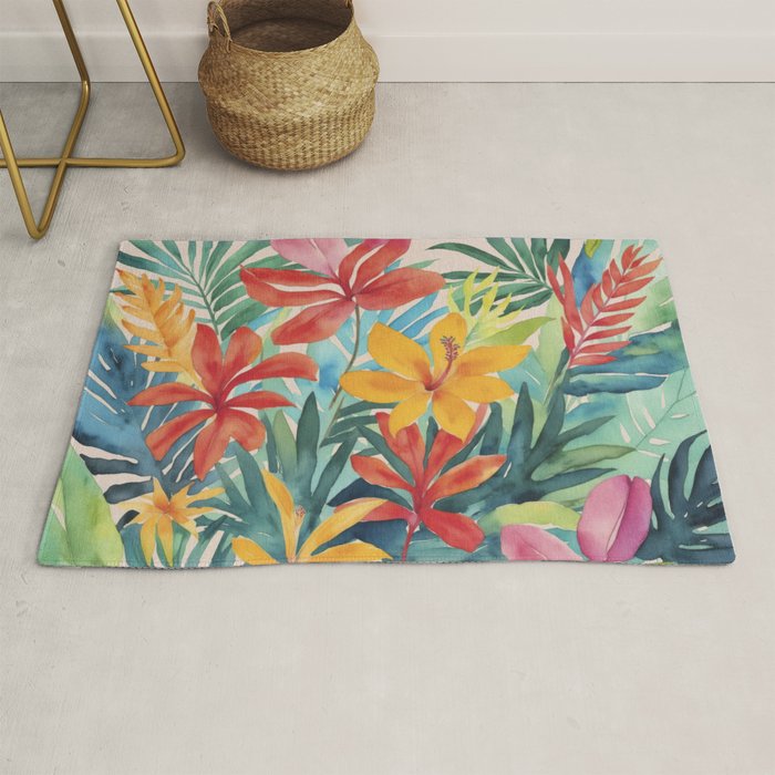 Modern Tropical Escape Vibrant Watercolor Flowers Rug Gallery Image 1