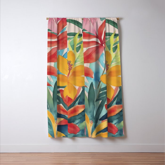 Modern Tropical Escape Vibrant Watercolor Flowers Window Curtain Gallery Image 3