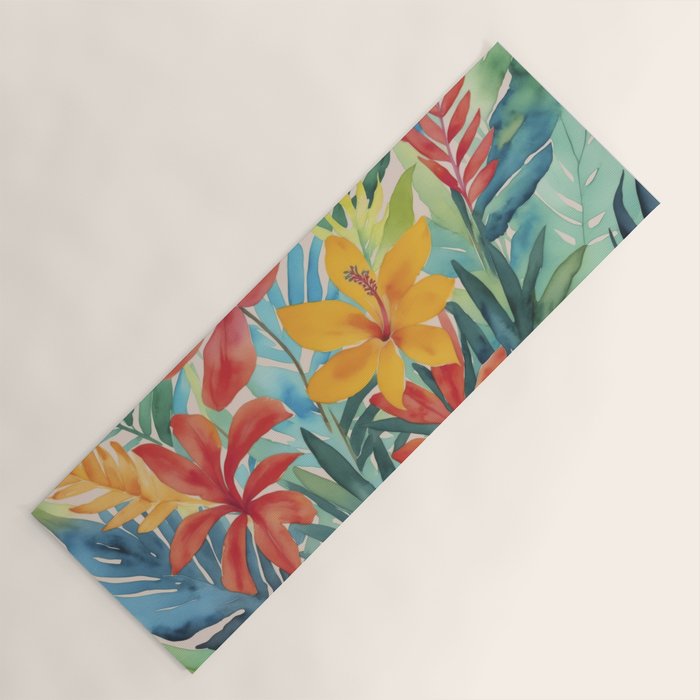 Modern Tropical Escape Vibrant Watercolor Flowers Yoga Mat Gallery Image 1