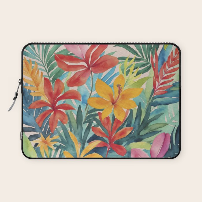 Modern Tropical Escape Vibrant Watercolor Flowers Laptop Sleeve Gallery Image 1