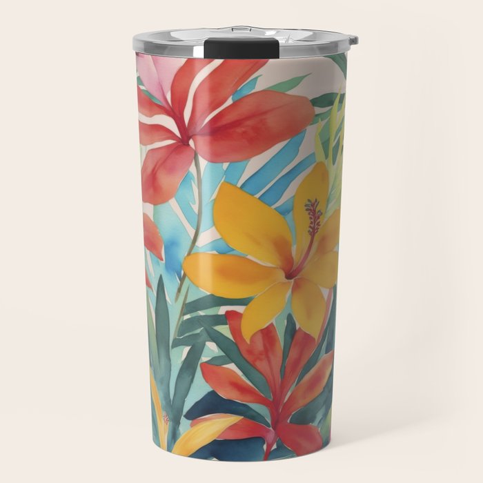 Modern Tropical Escape Vibrant Watercolor Flowers Travel Mug Gallery Image 1