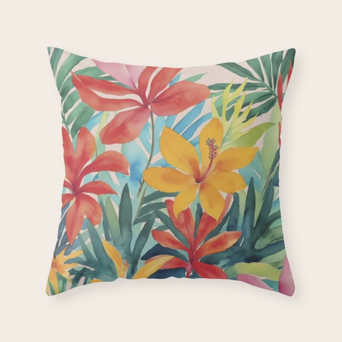 Modern Tropical Escape Vibrant Watercolor Flowers Throw Pillow Gallery Image 1