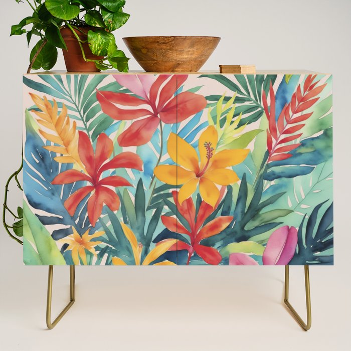 Modern Tropical Escape Vibrant Watercolor Flowers Credenza Gallery Image 1