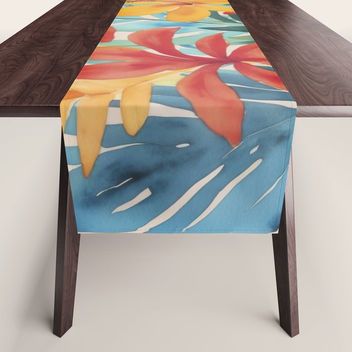 Modern Tropical Escape Vibrant Watercolor Flowers Table Runner Gallery Image 1
