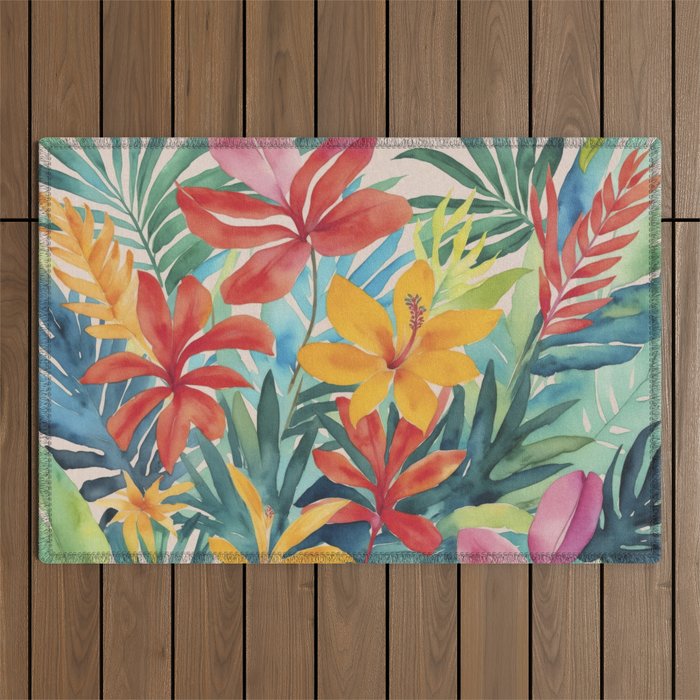 Modern Tropical Escape Vibrant Watercolor Flowers Outdoor Rug Gallery Image 1