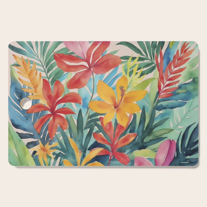 Modern Tropical Escape Vibrant Watercolor Flowers Cutting Board Gallery Image 1