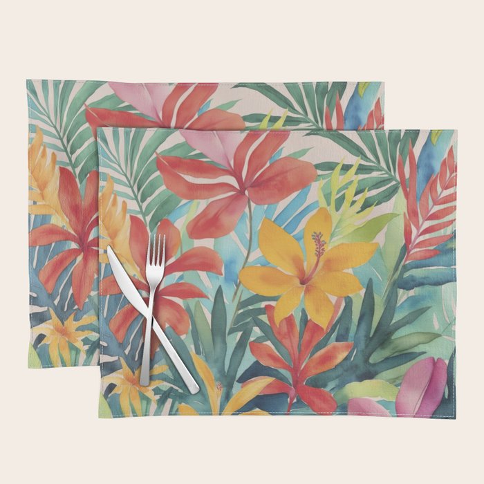 Modern Tropical Escape Vibrant Watercolor Flowers Placemat Gallery Image 1